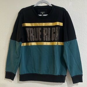 True Religion Men’s Black & Teal Graphic Crewneck Sweatshirt Gold Trim Size M